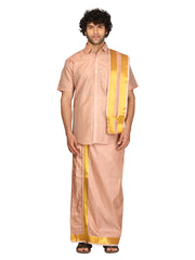 Men Half Sleeve Artsilk Shirt Dhoti Angavastram Set