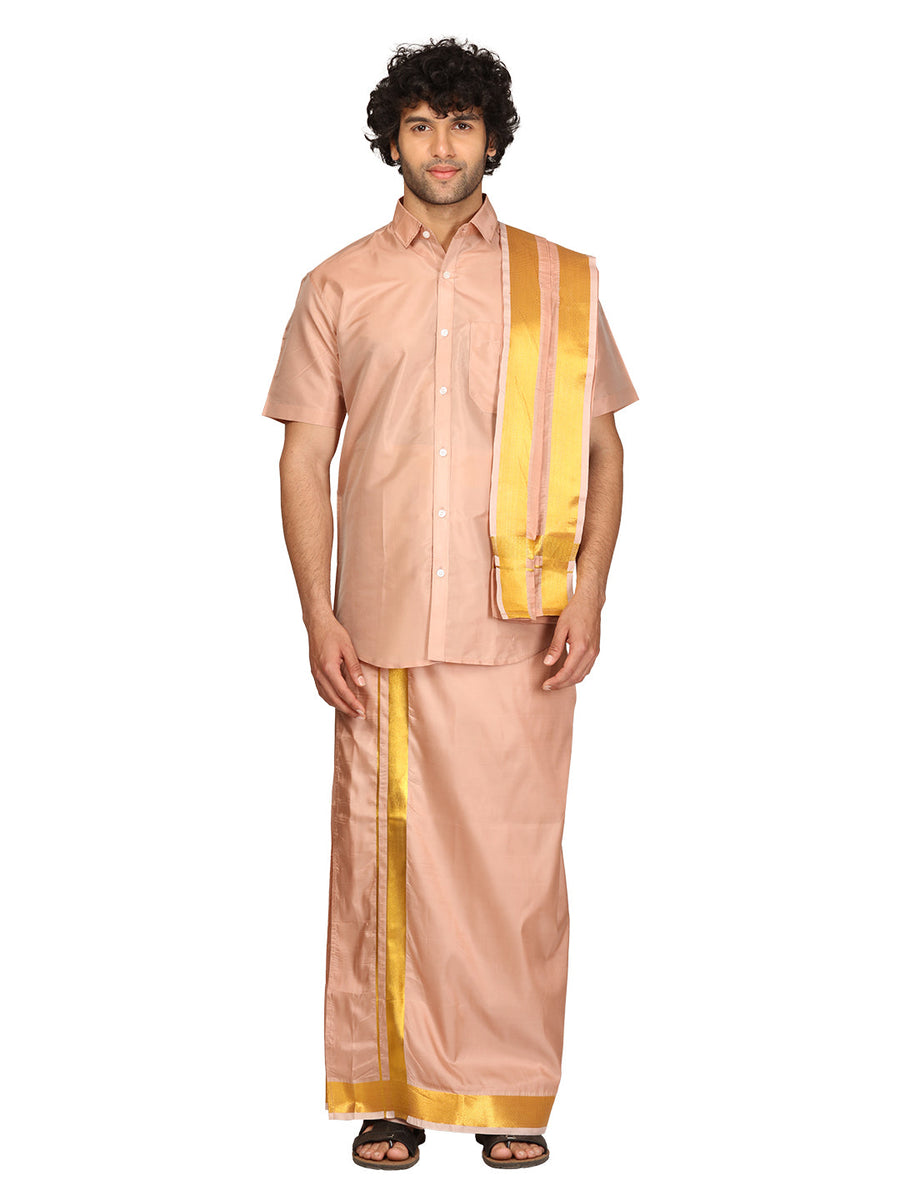 Men Half Sleeve Artsilk Shirt Dhoti Angavastram Set