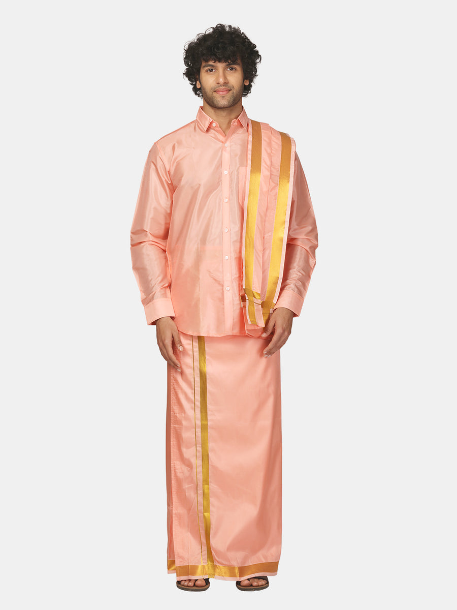 Mens Art Silk Full Sleeve Shirt with Pocket Dhoti and Angavastram Set
