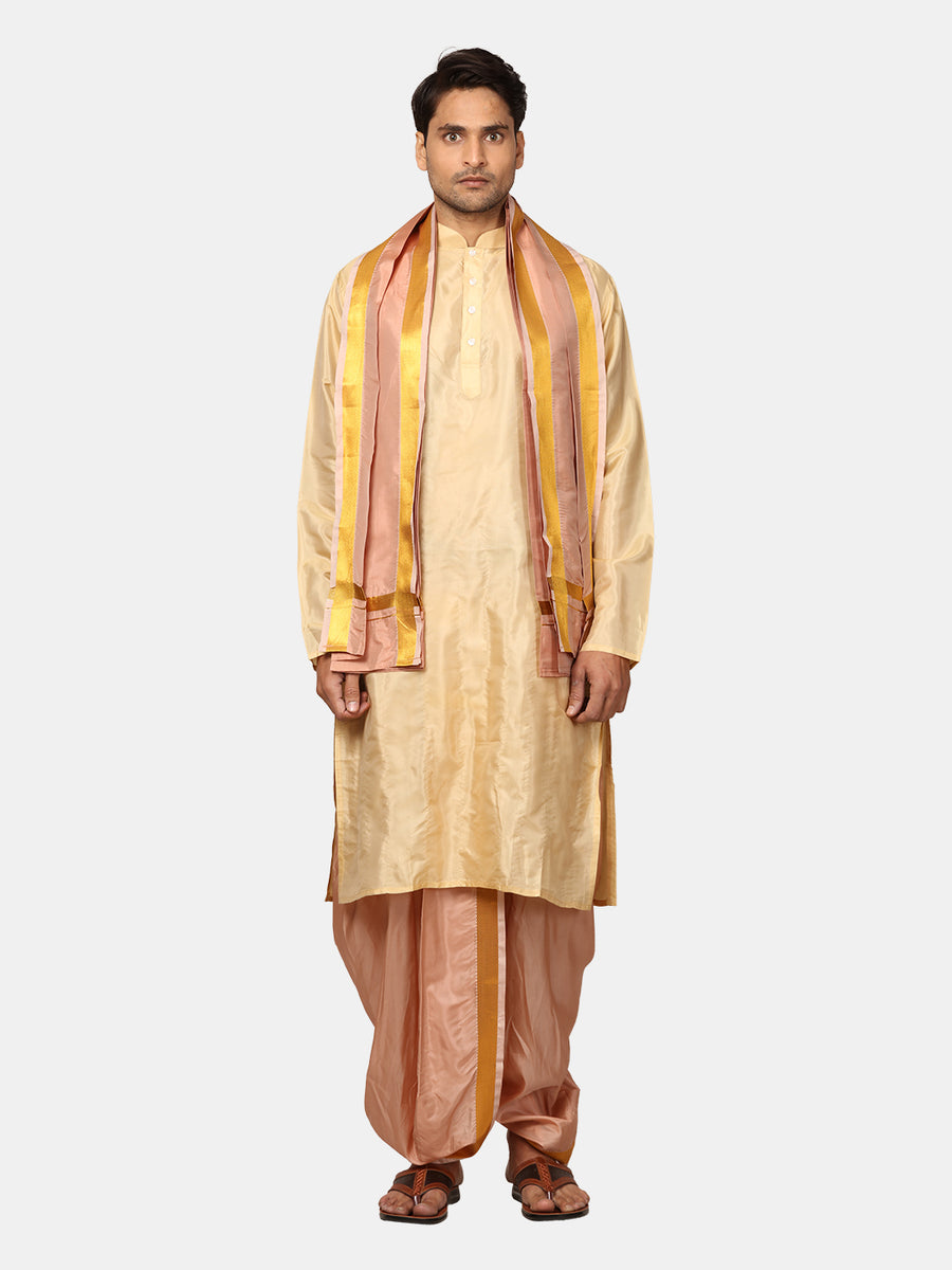Men Artsilk Solid Colour Kurta and Dhoti Pant with Angavastram Set