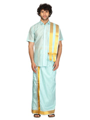 Men Half Sleeve Artsilk Shirt Dhoti Angavastram Set