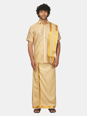 Men Half Sleeve Shirt and Ready to Wear Pocket Dhoti with Angavastram Set
