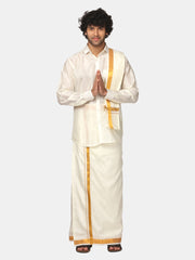 Mens Art Silk Full Sleeve Shirt with Pocket Dhoti and Angavastram Set