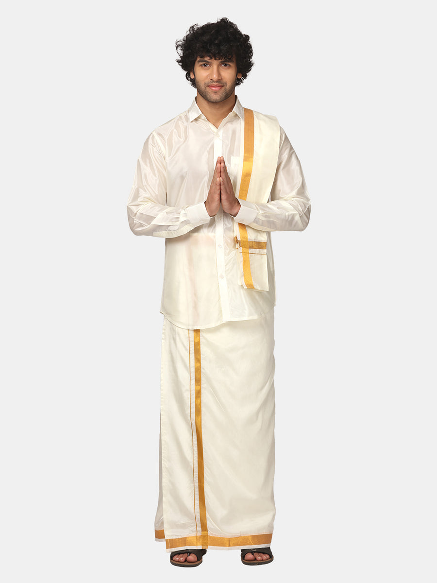 Mens Art Silk Full Sleeve Shirt with Pocket Dhoti and Angavastram Set