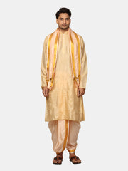 Men Kneelength Kurta With Peach Dhoti Pant With Angavastram.