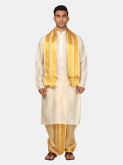 Men Kneelength Kurta With Bronze Dhoti Pant With Angavastram.