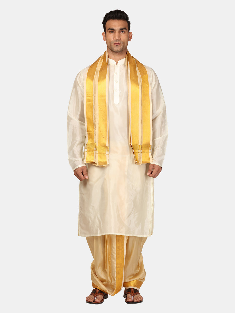 Men Kneelength Kurta With Bronze Dhoti Pant With Angavastram.