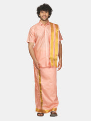 Men Half Sleeve Artsilk Shirt Dhoti Angavastram Set
