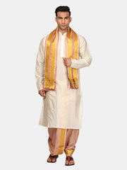 Men Kneelength Kurta With Bronze Dhoti Pant With Angavastram.