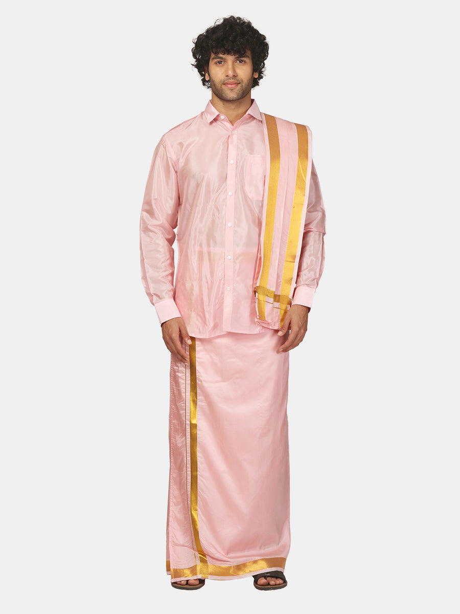 Men Solid Colour Zari Border Pocket Dhoti and Angavastram Set