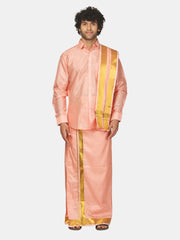 Men Full Sleeve Shirt Angavastram and Pocket Dhoti Set