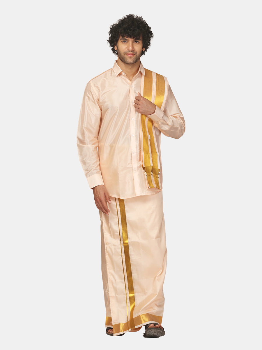 Men Solid Colour Silk Finish Dhoti and Angavastram Set