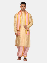 Men Kneelength Kurta With Peach Dhoti Pant With Angavastram.