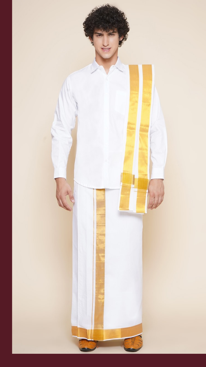 Men's Readymade Shirt Dhoti And Angavastram Set