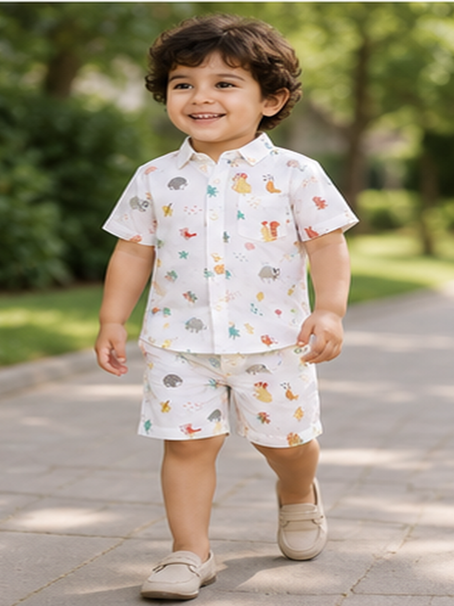 Boys White Printed Co-Ord Set