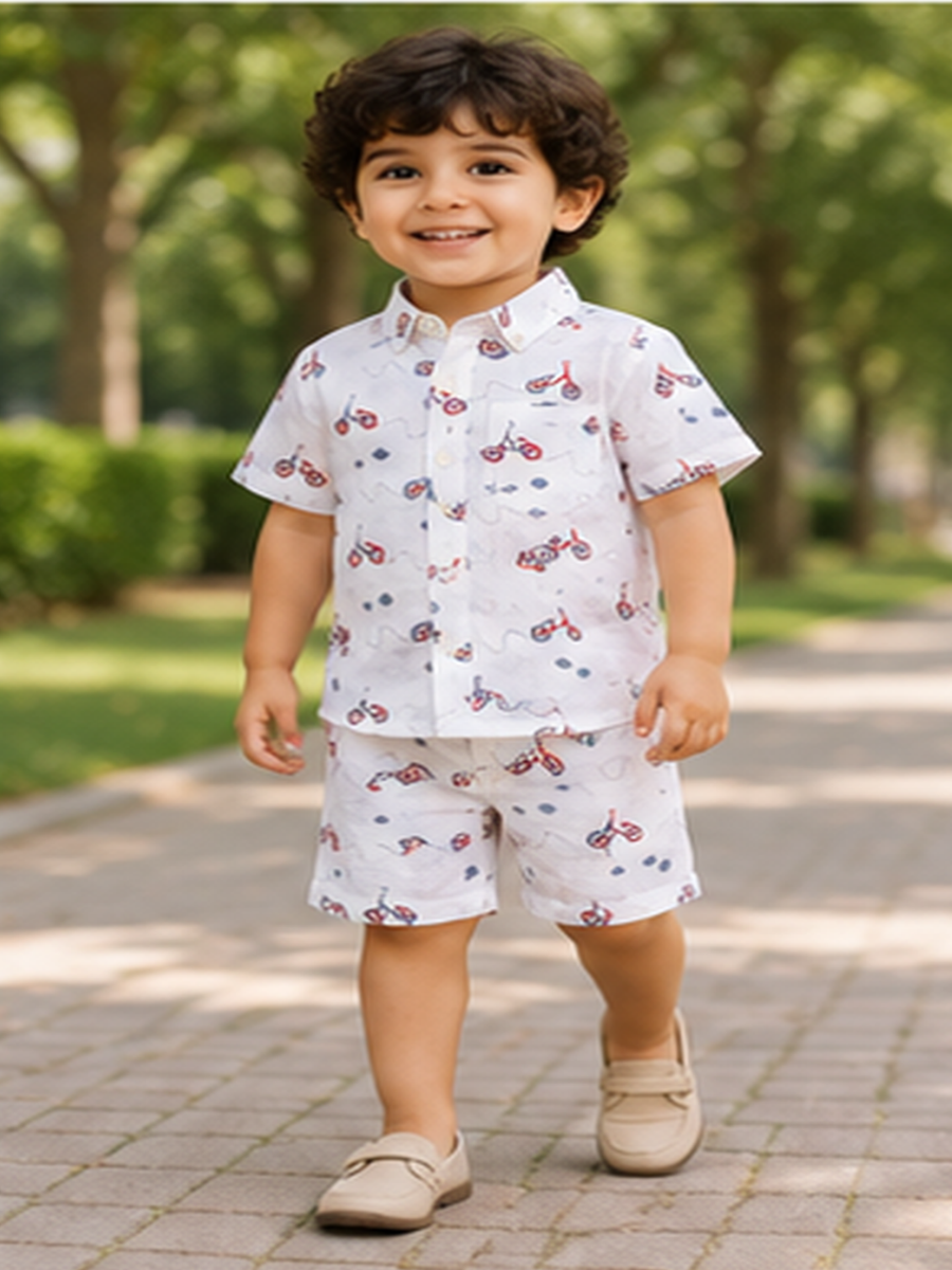 Boys White Printed Co-Ord Set