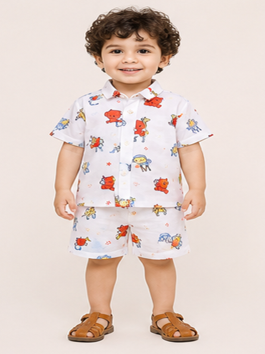 Boys White Printed Co-Ord Set