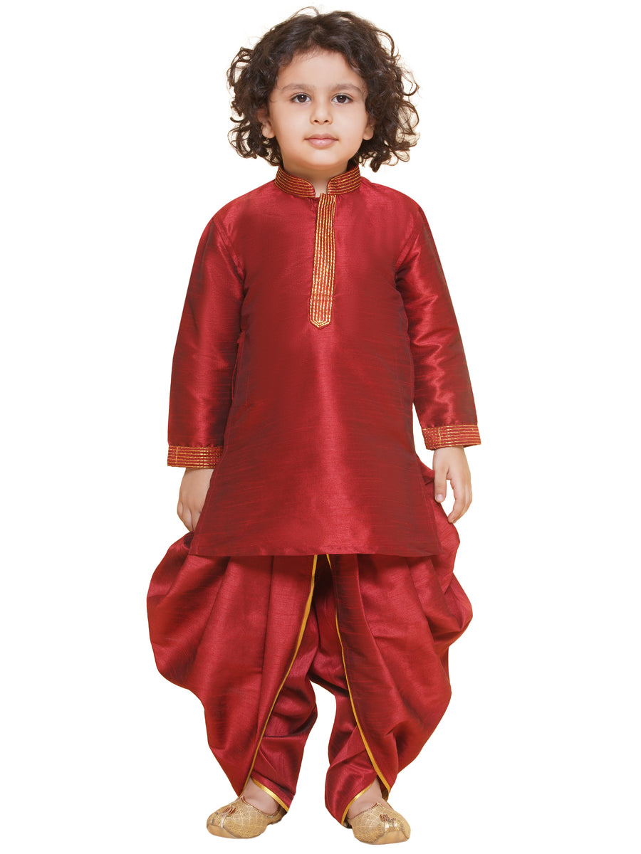 Sethukrishna Boys Slub Dupion Embroidered Kurta and Patiala Pant Set