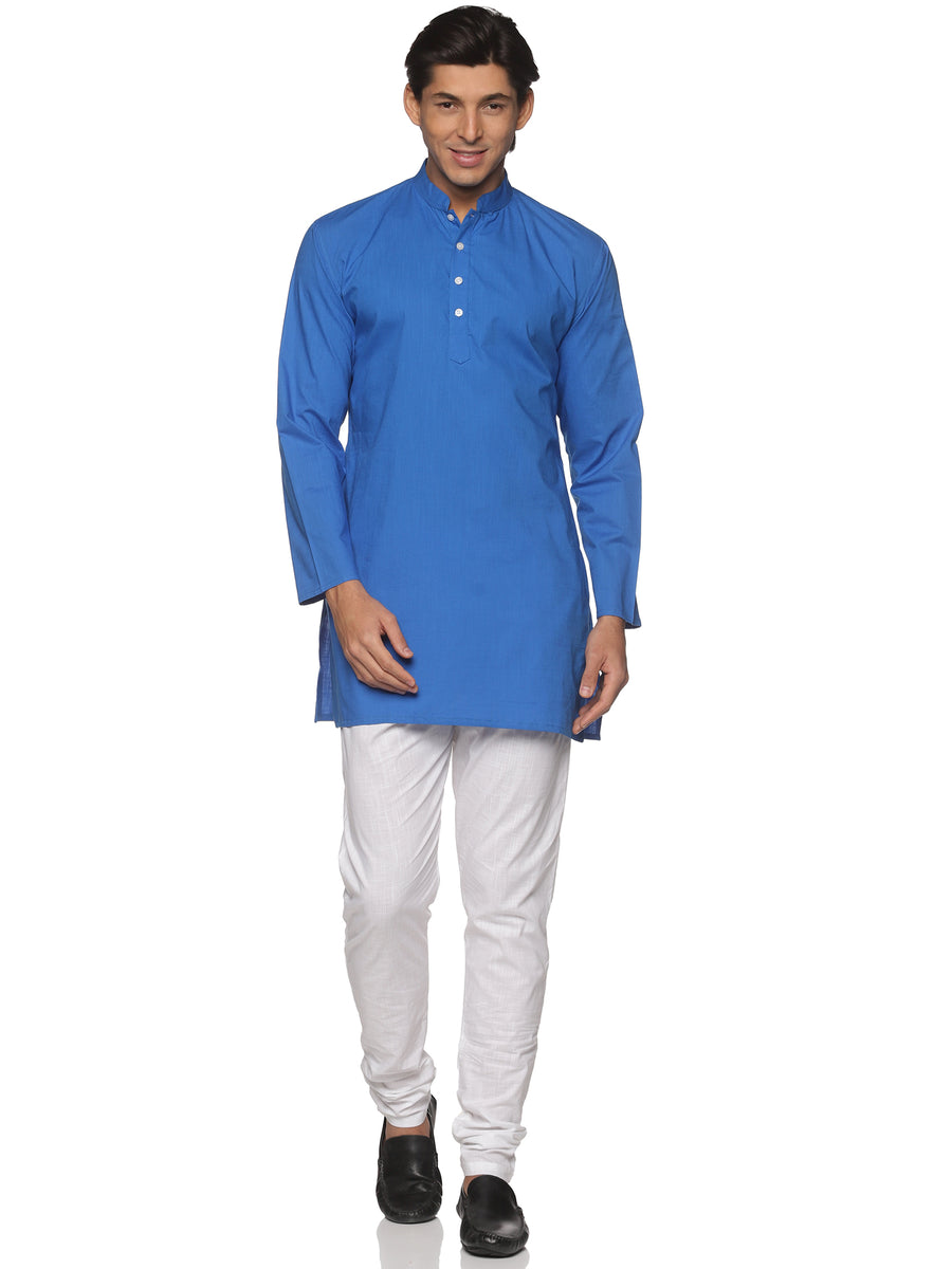 MENS SLUB COTTON BLUE LONG KURTA WITH PYJAMA