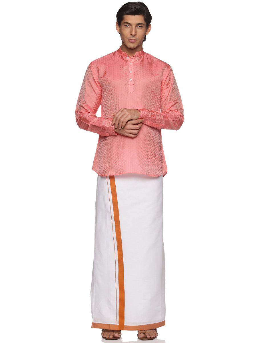 MENS ART SILK SHORT KURTA WITH POCKET DHOTI