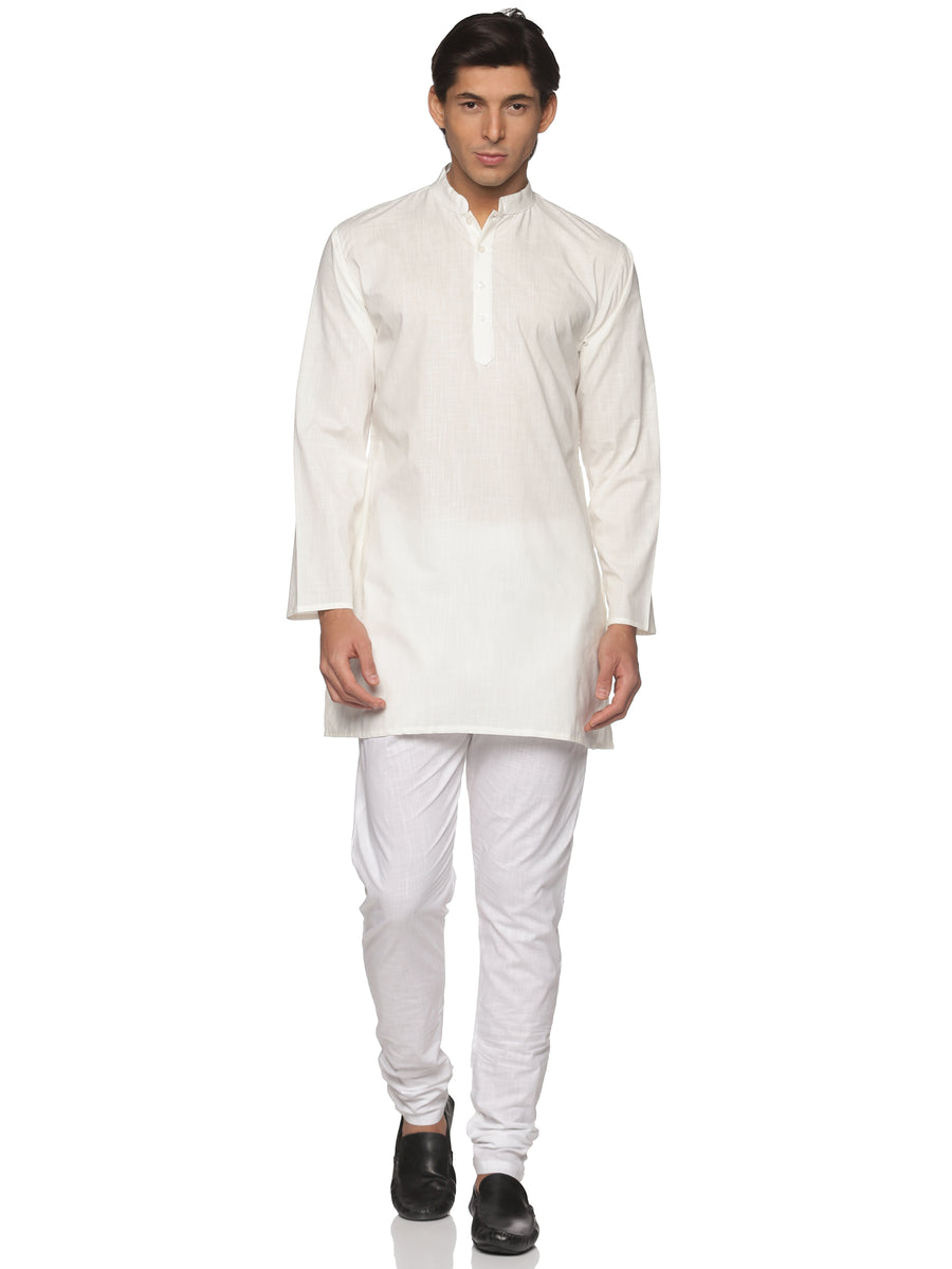 MENS SLUB COTTON CREAM LONG KURTA WITH PYJAMA