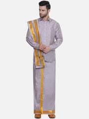 Men Solid Colour Art Silk Dhoti with Angavastram