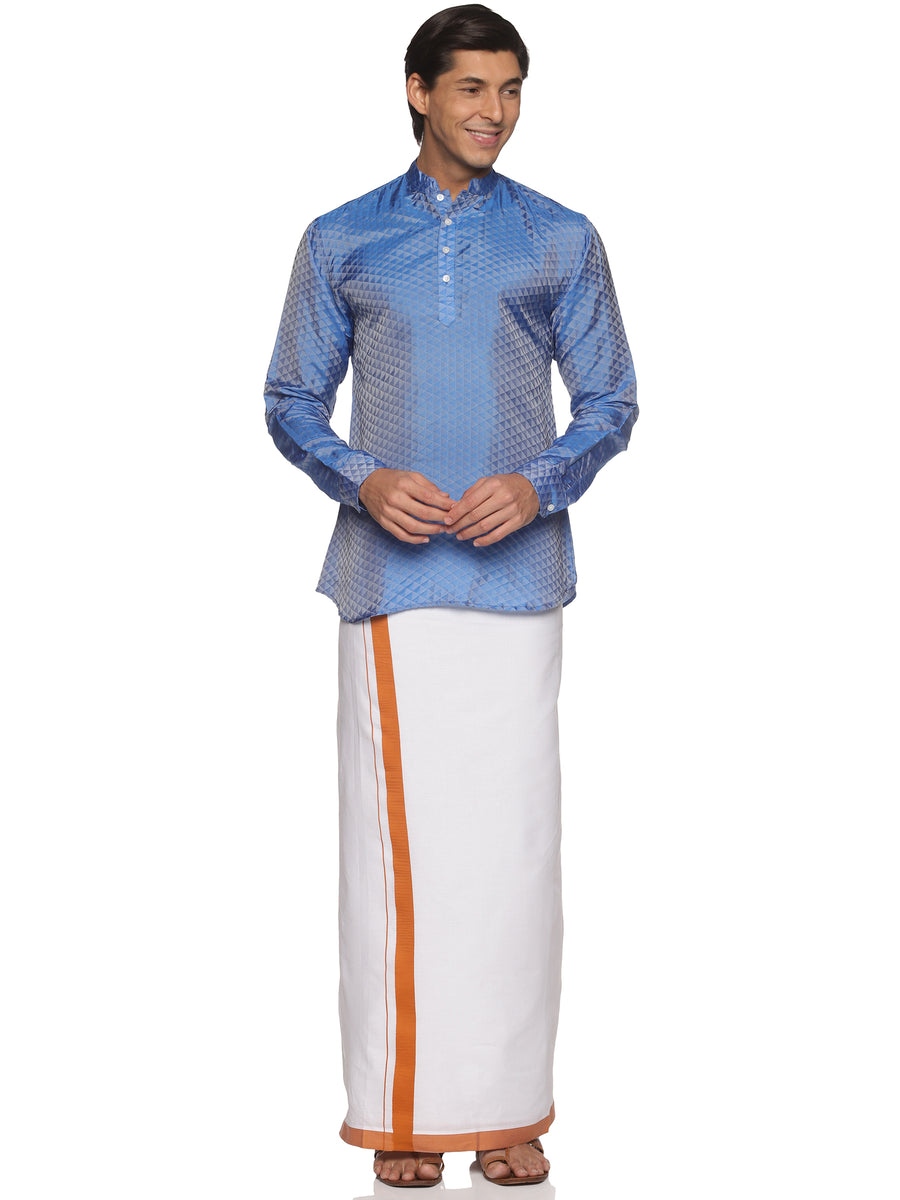 MENS ART SILK SHORT KURTA WITH POCKET DHOTI