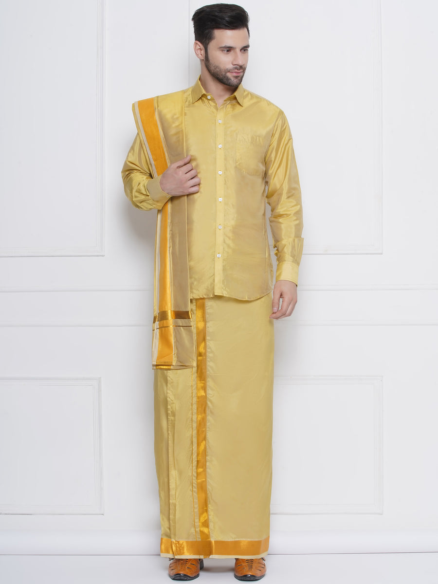 Men Solid Colour Art Silk Dhoti with Angavastram