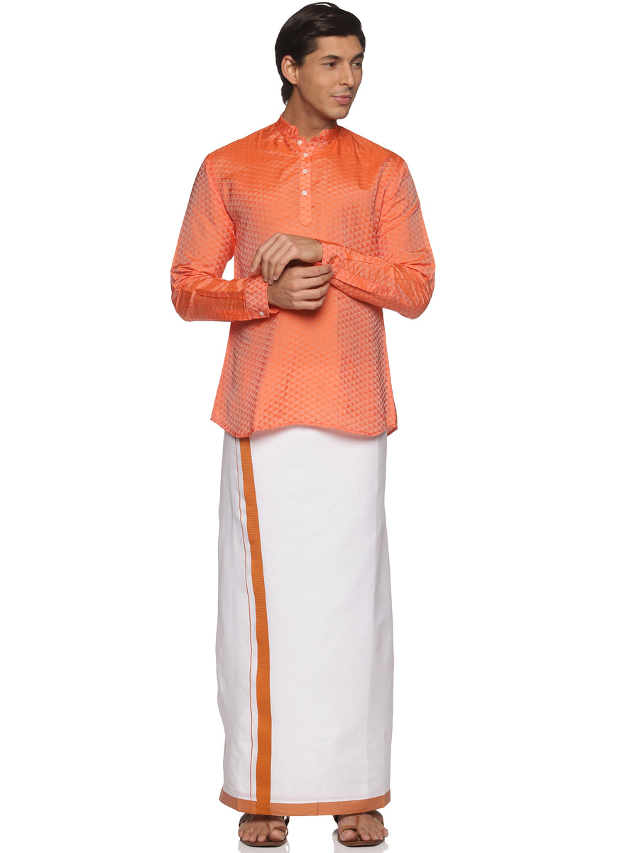 MENS ART SILK SHORT KURTA WITH POCKET DHOTI