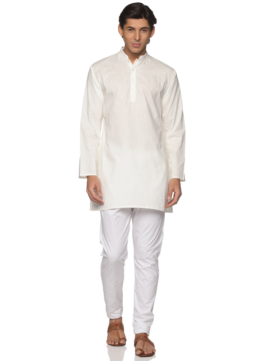 MENS SLUB COTTON CREAM LONG KURTA WITH PYJAMA