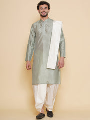 Sethukrishna Mens Solid Color Kurta and Dhotipant with Angavastram Set