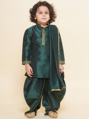 Sethukrishna Boys Slub Dupion Embroidered Kurta and Patiala Pant With Angavastram Set