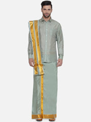 Men Solid Colour Art Silk Dhoti with Angavastram