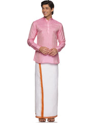 MENS ART SILK SHORT KURTA WITH POCKET DHOTI