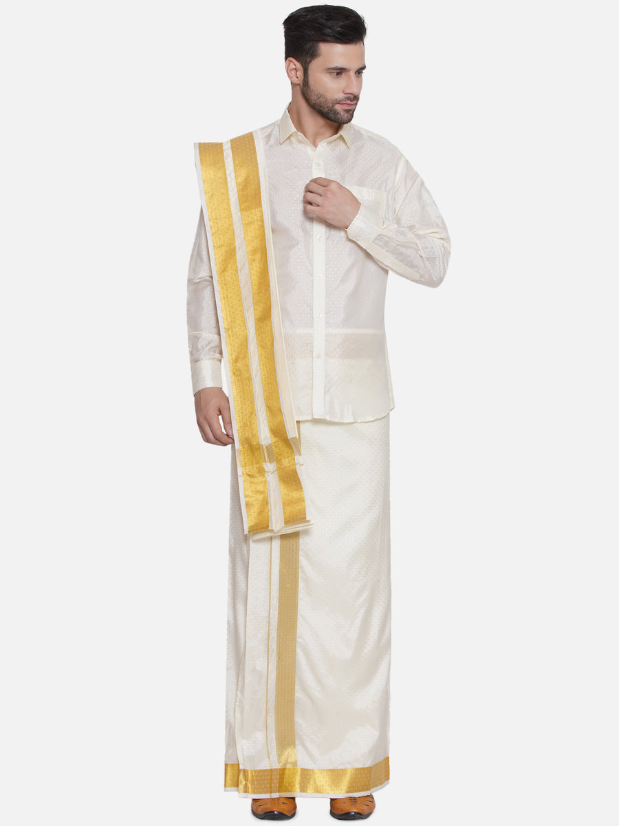 Men Self Design Art Silk Readymade Pocket Dhoti with Angavastram Set