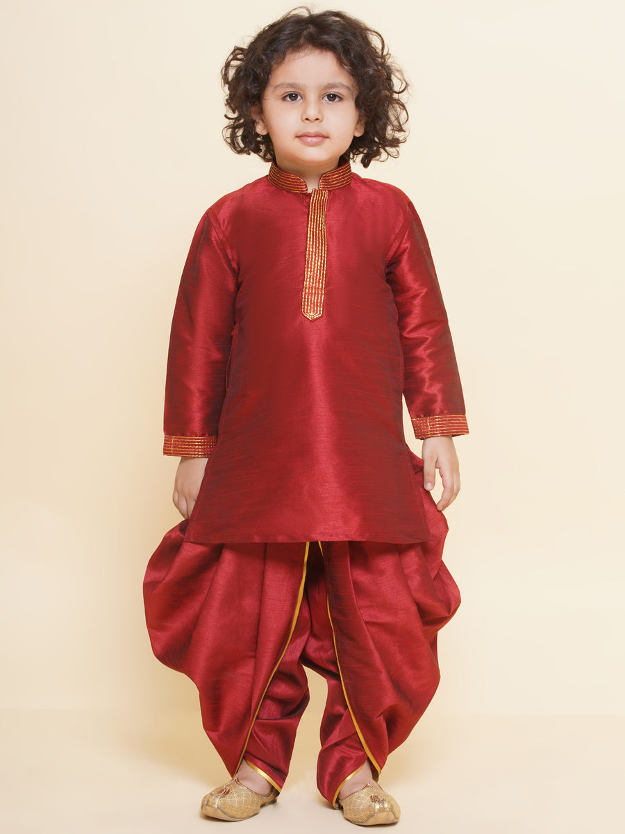 Sethukrishna Boys Slub Dupion Embroidered Kurta and Patiala Pant Set