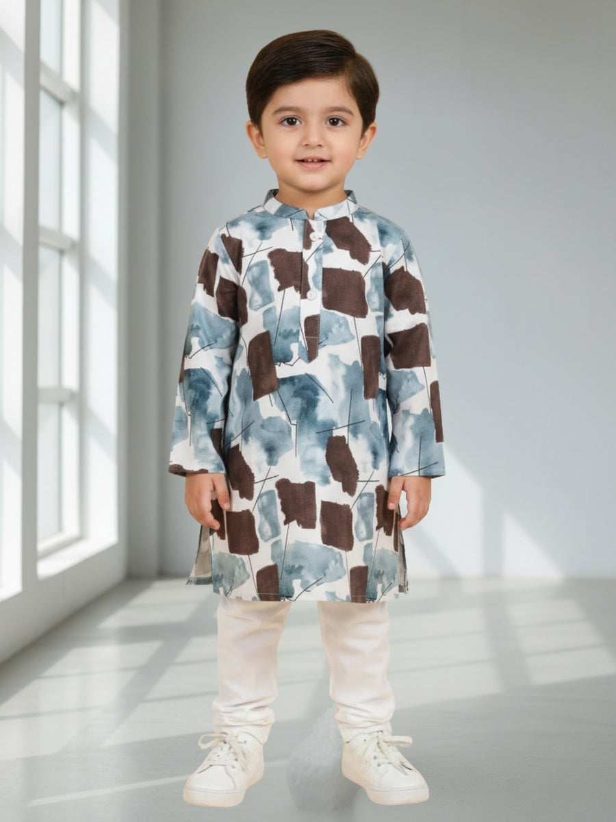 Boys Cotton Kurta with Digital Print | Mandarin Collar, Side Pockets, Button Closure | Ethnic Wear for Kids – Machine Washable