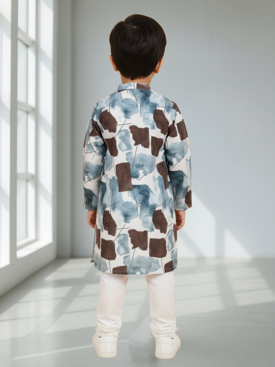 Boys Cotton Kurta with Digital Print | Mandarin Collar, Side Pockets, Button Closure | Ethnic Wear for Kids – Machine Washable