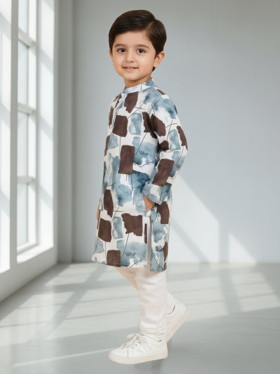 Boys Cotton Kurta with Digital Print | Mandarin Collar, Side Pockets, Button Closure | Ethnic Wear for Kids – Machine Washable