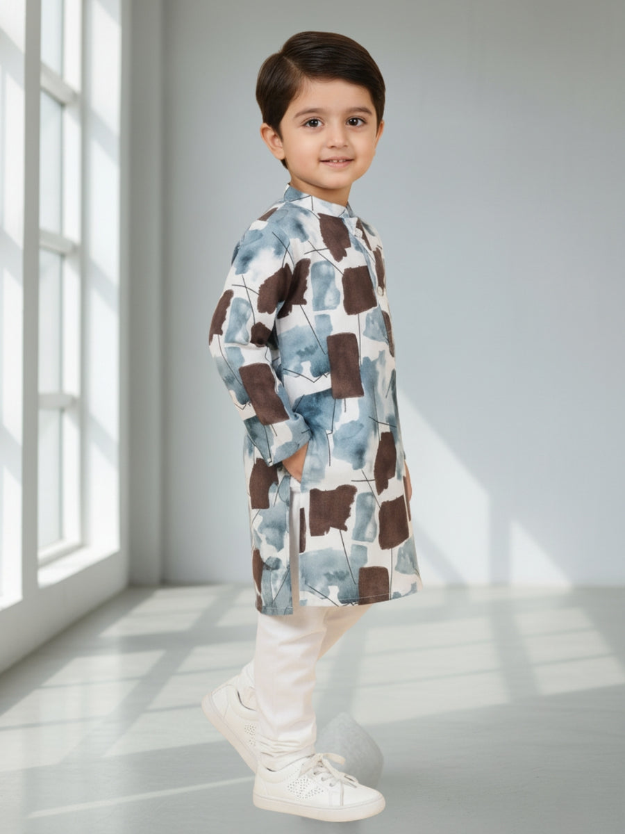 Boys Cotton Kurta with Digital Print | Mandarin Collar, Side Pockets, Button Closure | Ethnic Wear for Kids – Machine Washable