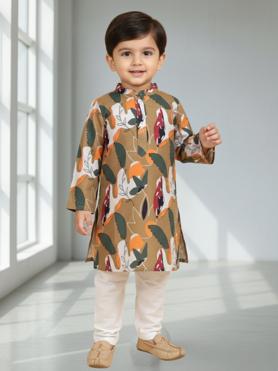 Boys Cotton Kurta with Digital Print | Mandarin Collar, Side Pockets, Button Closure | Ethnic Wear for Kids – Machine Washable