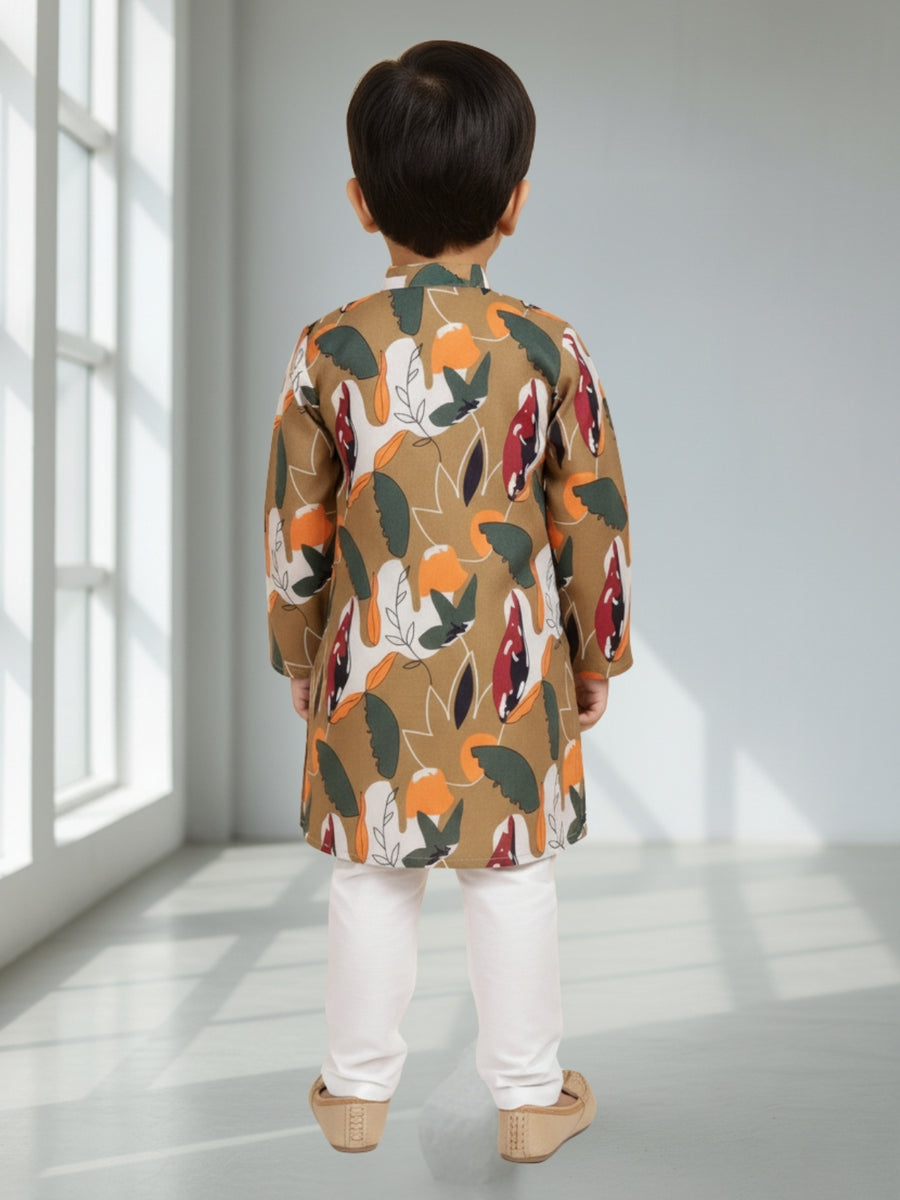 Boys Cotton Kurta with Digital Print | Mandarin Collar, Side Pockets, Button Closure | Ethnic Wear for Kids – Machine Washable