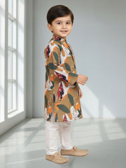 Boys Cotton Kurta with Digital Print | Mandarin Collar, Side Pockets, Button Closure | Ethnic Wear for Kids – Machine Washable