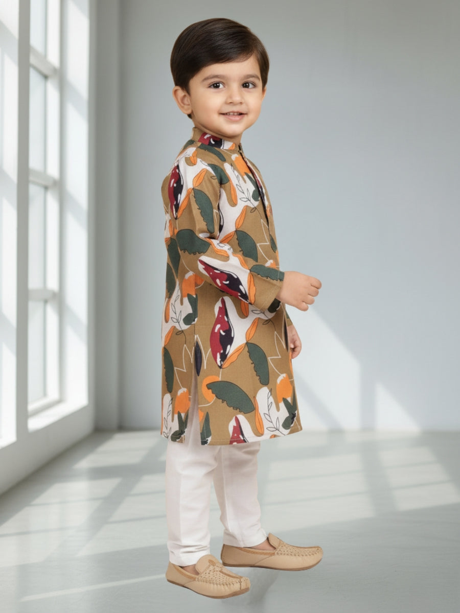 Boys Cotton Kurta with Digital Print | Mandarin Collar, Side Pockets, Button Closure | Ethnic Wear for Kids – Machine Washable