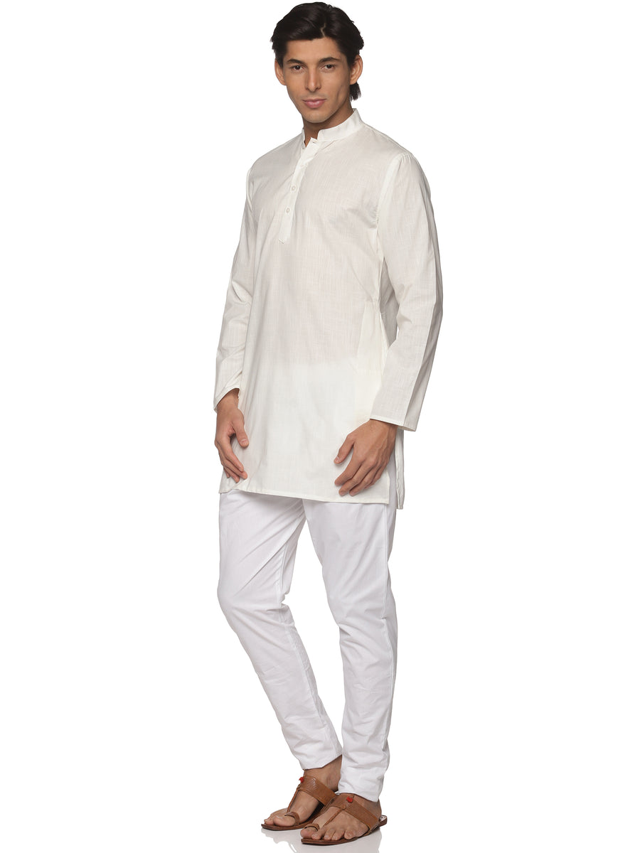 MENS SLUB COTTON CREAM LONG KURTA WITH PYJAMA