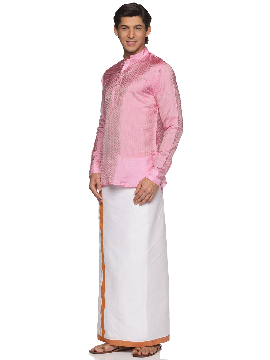 MENS ART SILK SHORT KURTA WITH POCKET DHOTI