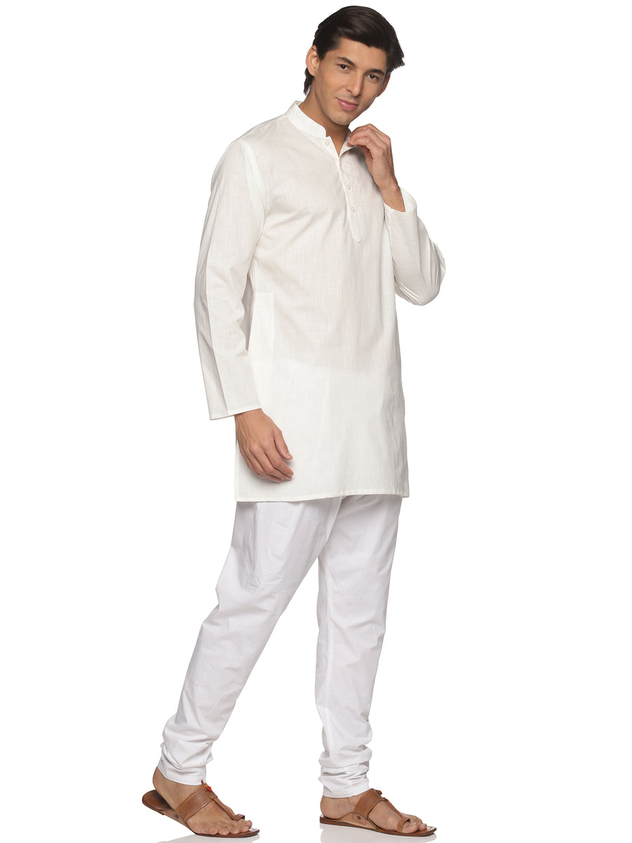 MENS SLUB COTTON CREAM LONG KURTA WITH PYJAMA