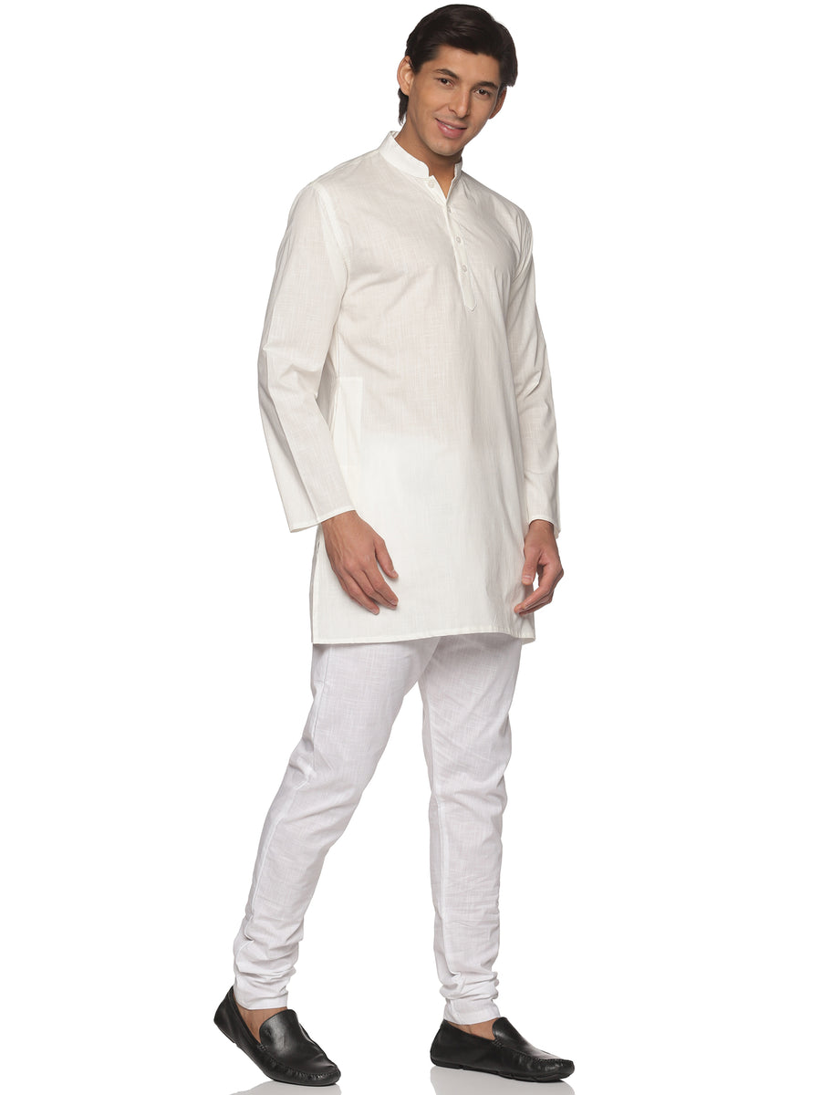 MENS SLUB COTTON CREAM LONG KURTA WITH PYJAMA