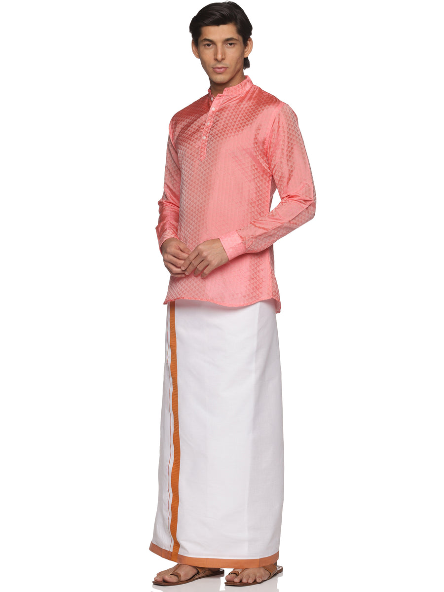 MENS ART SILK SHORT KURTA WITH POCKET DHOTI