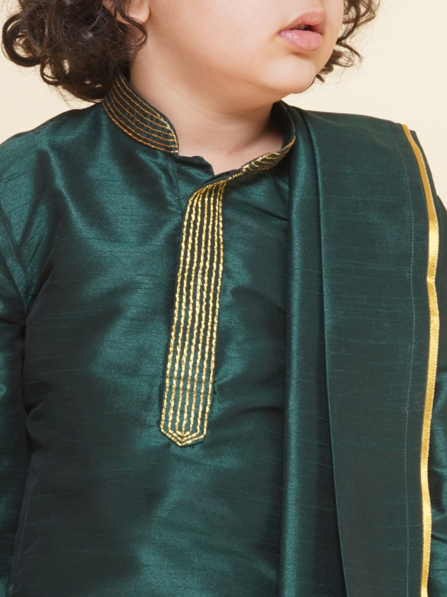 Sethukrishna Boys Slub Dupion Embroidered Kurta and Patiala Pant With Angavastram Set